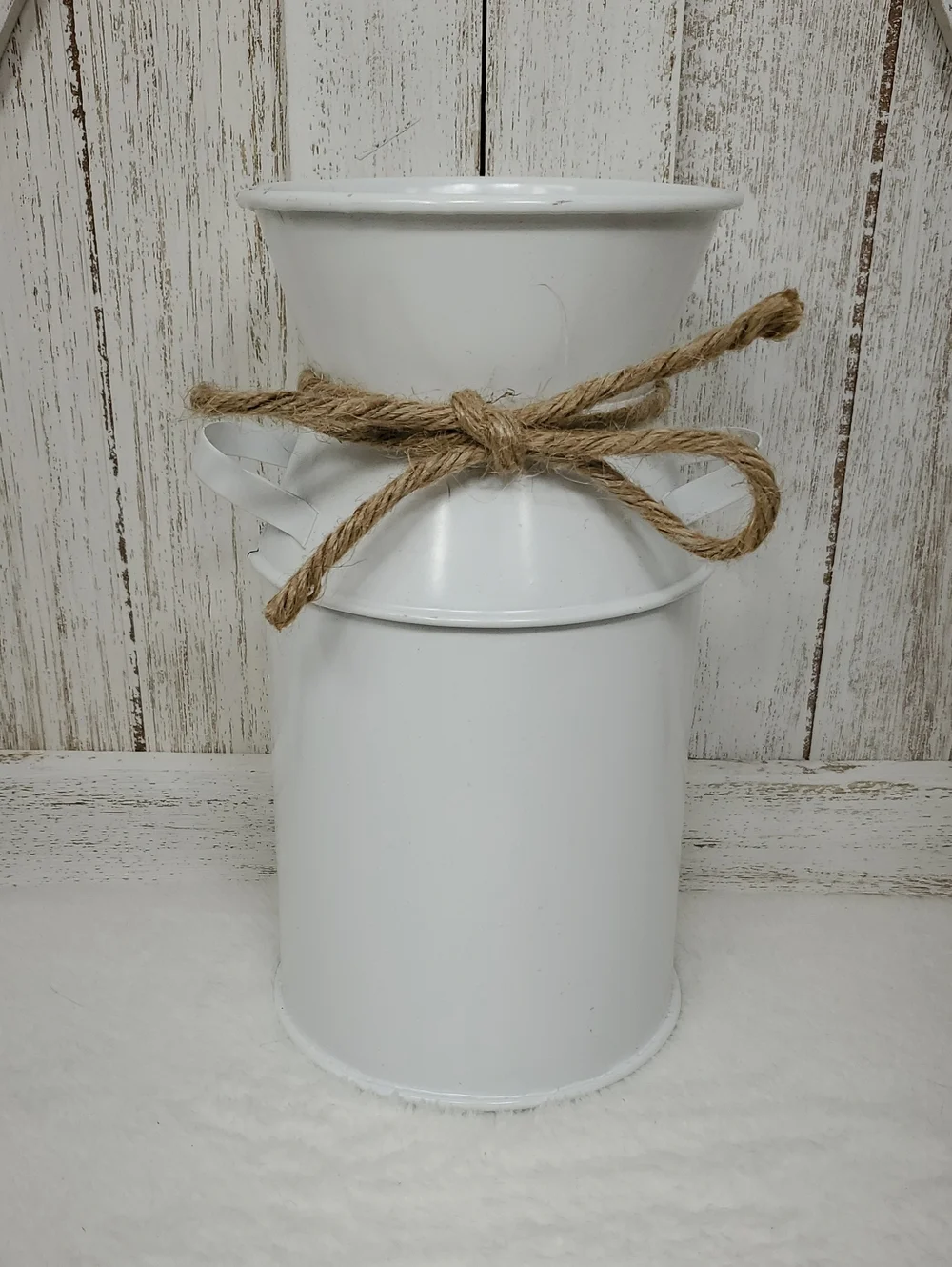 White Decorative Metal Milk Can Vase with Twine Bow